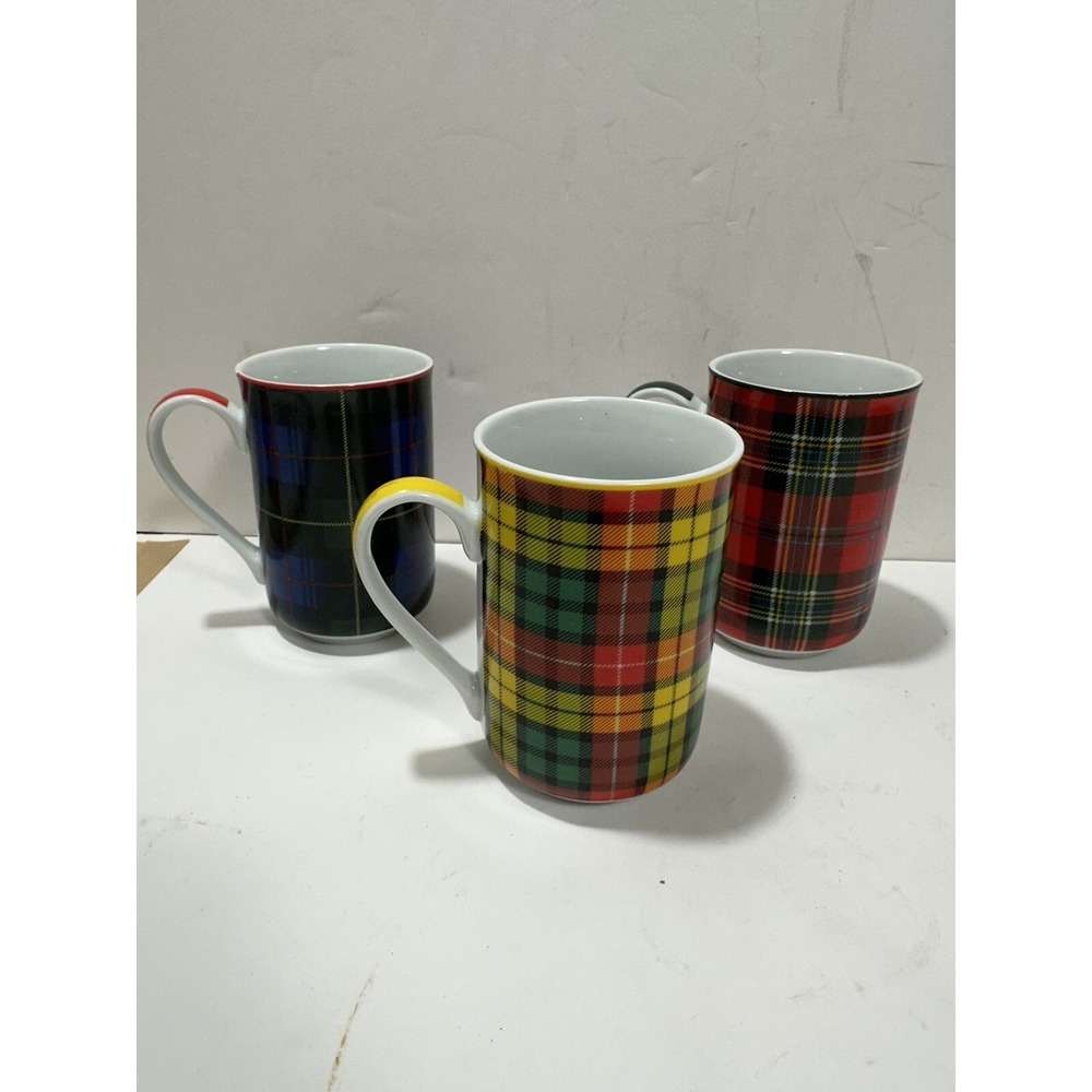 Jeffrey‎ Banks Home Coffee Mug set of 3 Tea Cup Tartan Plaid Holiday Mugs Checks